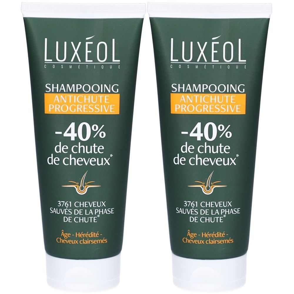Twee groene tubes LUXÉOL shampoo. Opschrift: -40% haaruitval, Shampooing Antichute Progressive. Witte dop.