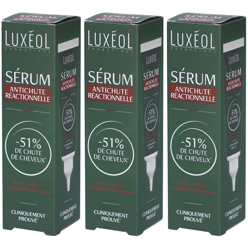 Drie groene dozen LUXÉOL serum. Opschrift: SÉRUM ANTICHUTE REACTIONNELLE, -51% DE CHUTE DE CHEVEUX. Klinisch bewezen.
