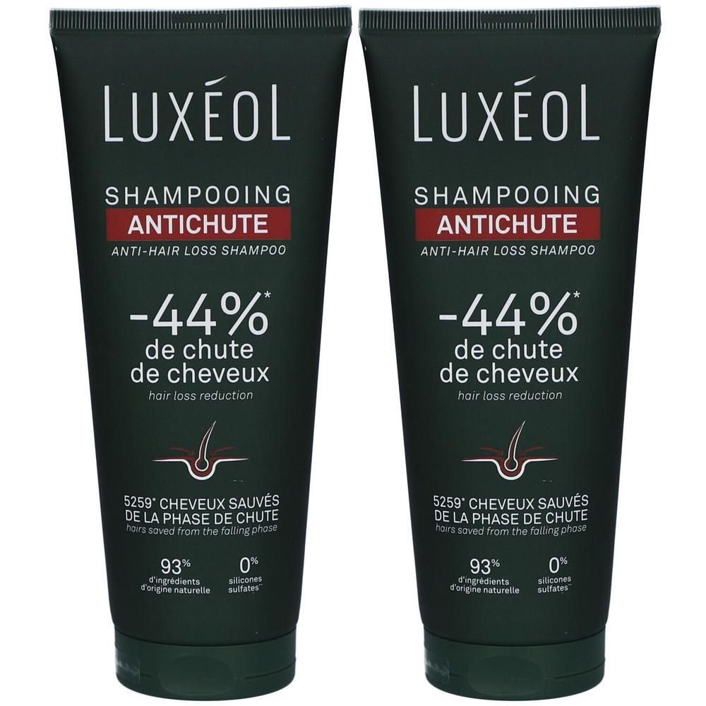 Deux tubes de shampooing antichute LUXÉOL. Emballage noir, texte blanc. -44% de chute de cheveux.