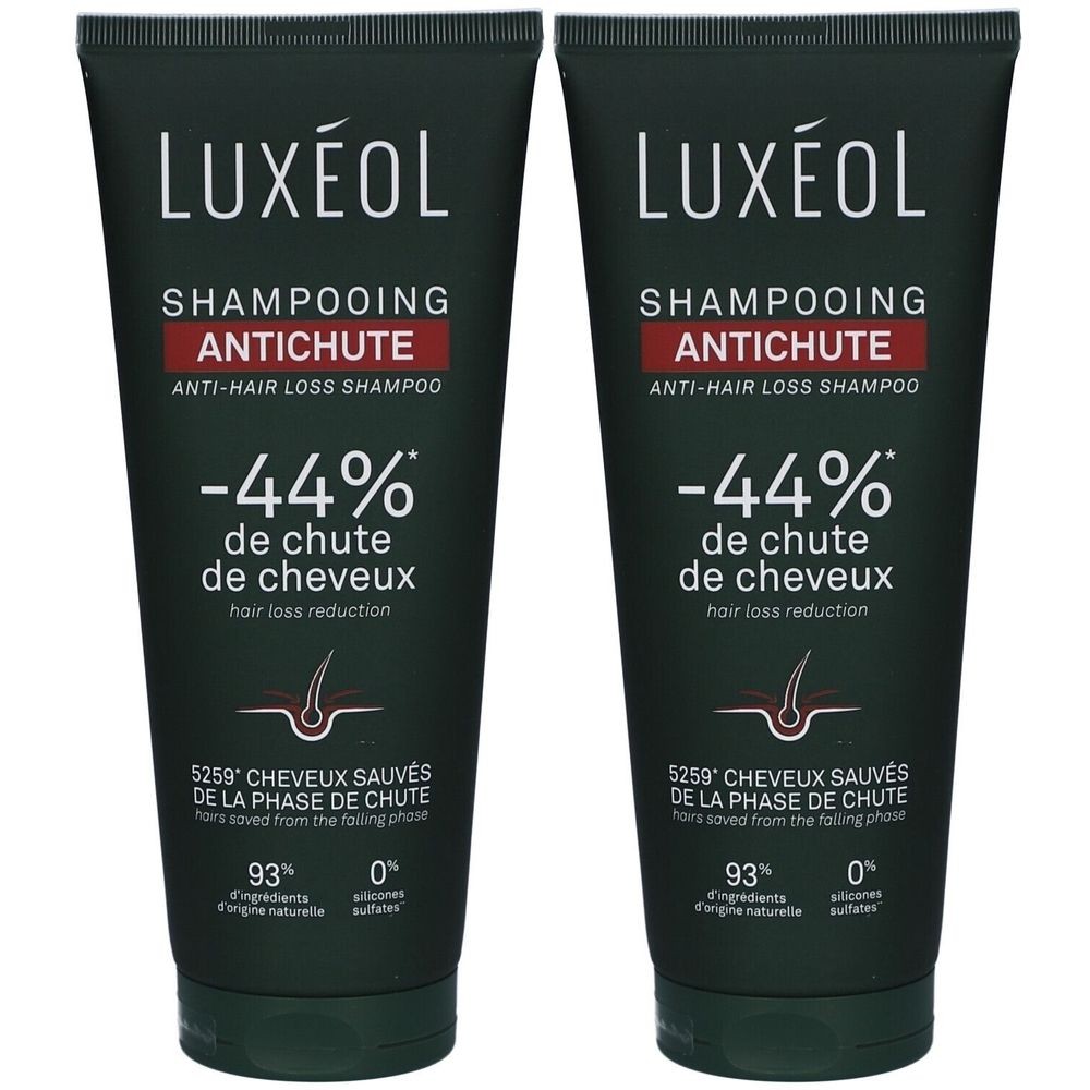 Deux tubes de shampooing antichute LUXÉOL. Emballage noir, texte blanc. -44% de chute de cheveux.