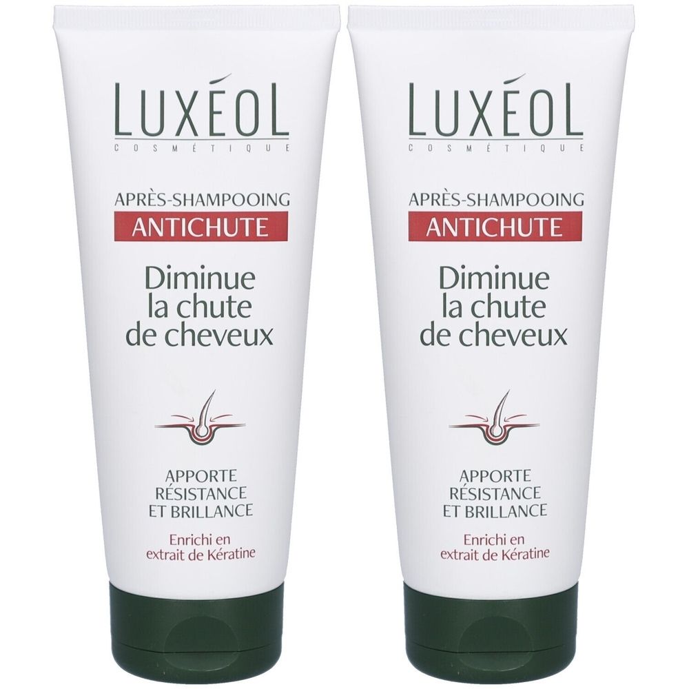 Twee witte tubes. Opschrift: LUXÉOL, Après-Shampooing Antichute, Diminue la chute de cheveux. Met keratine.