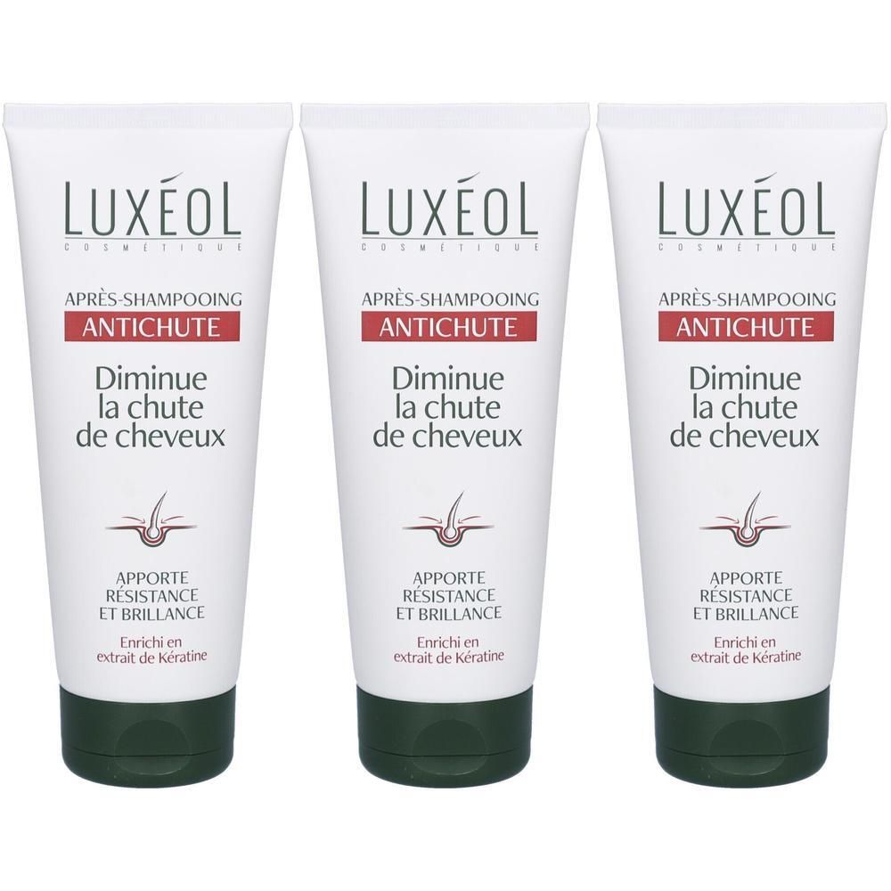Drie witte tubes met groene dop. Opschrift: LUXÉOL, Après-Shampooing, Antichute, Diminue la chute de cheveux. Verrijkt met keratine.