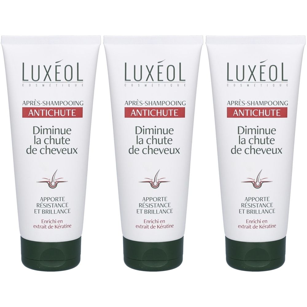 Trois tubes blancs avec bouchons verts. Inscription: LUXÉOL, Après-Shampooing, Antichute, Diminue la chute de cheveux. Enrichi en kératine.