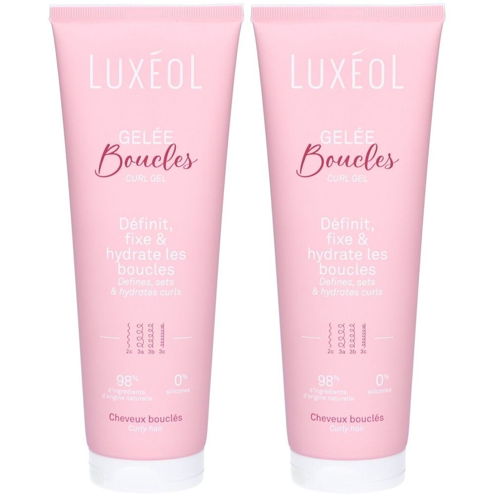 Twee roze tubes LUXÉOL Gelée Boucles. Opschrift: Gelée Boucles, Definit, fixe & hydrate les boucles. 98% ingrediënten van natuurlijke oorsprong.