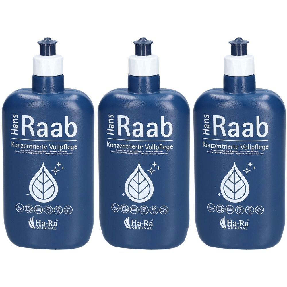 Drie blauwe flessen met witte dop. Opschrift: Hans Raab, Konzentrierte Vollpflege, Ha-Ra Original. Blad- en ster-symbool.