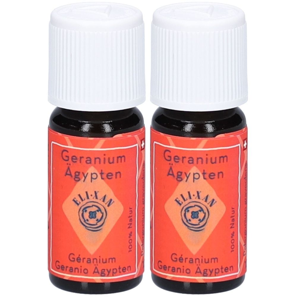Twee kleine bruine flesjes met witte dop. Op het etiket staat "Geranium Ägypten" en "ELIXAN".
