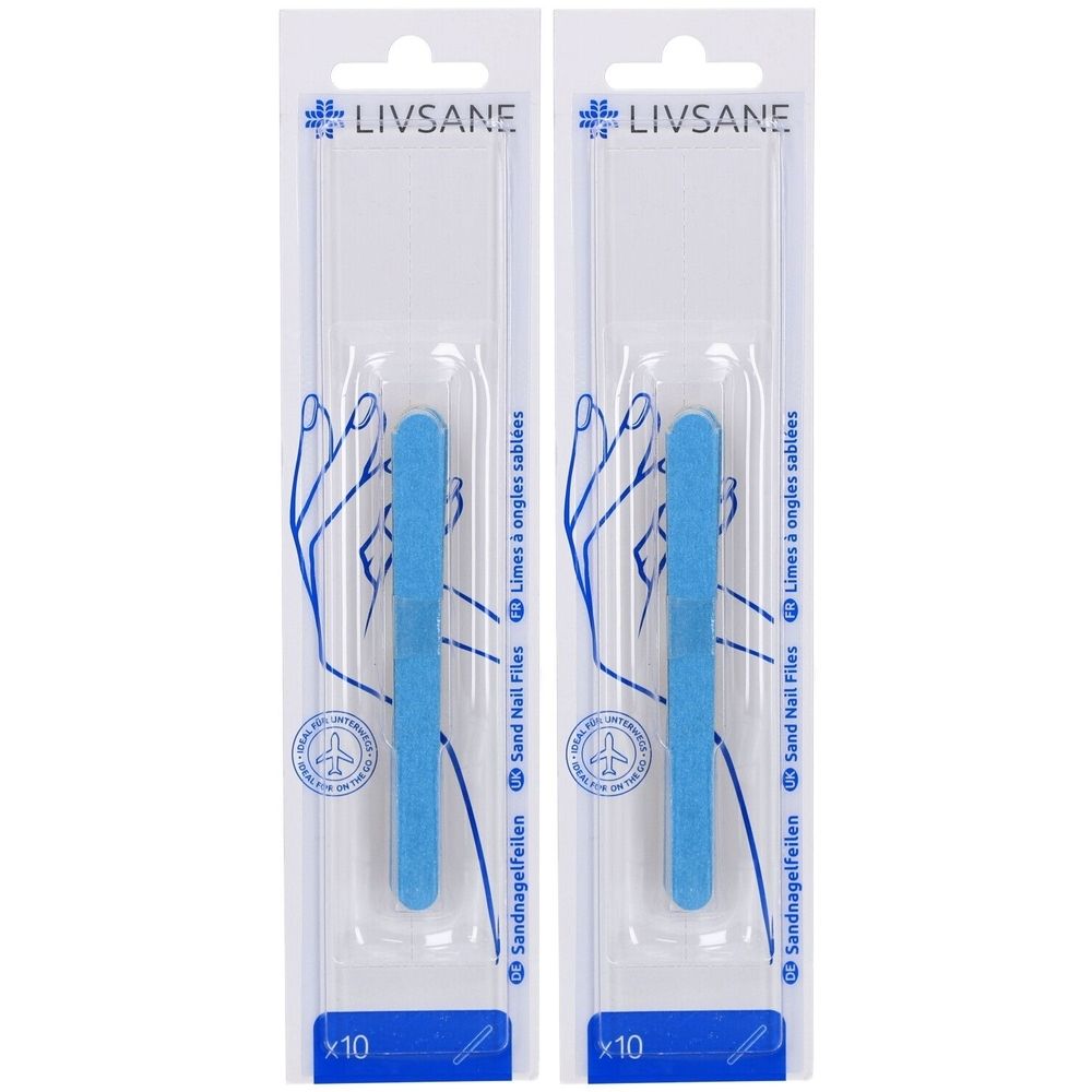 Deux paquets de limes à ongles bleues. Chaque paquet contient 10 limes. La marque est LIVSANE. Inscription: Sandnagelfeilen, Sand Nail Files, Limes à ongles sablées.