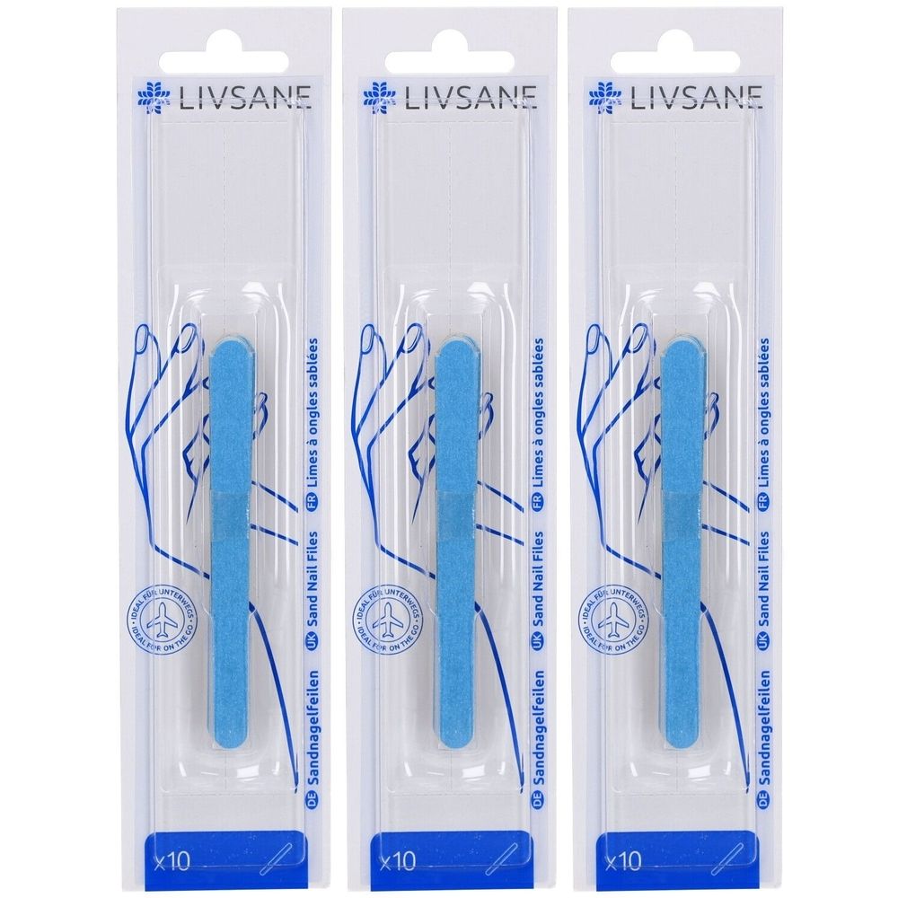 Drie verpakkingen met blauwe nagelvijlen. Elke verpakking bevat 10 vijlen. Opschrift: LIVSANE, Sandnagelfeilen, Limes à ongles sablées.