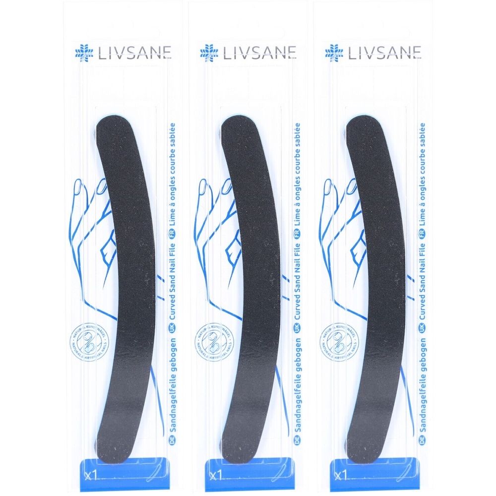 Trois limes à ongles courbes noires, emballées individuellement. Inscription : LIVSANE, lime à ongles courbe, x1.