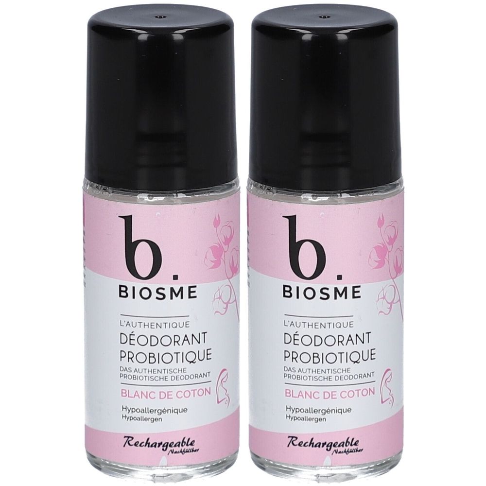 Twee roll-on deodorants. Roze etiket met tekst: BIOSME, DÉODORANT PROBIOTIQUE, BLANC DE COTON. Zwarte dop. Hypoallergeen.