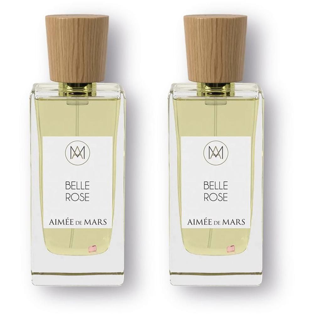 Twee glazen flacons met houten dop, gevuld met lichte parfum. Etiket met 'BELLE ROSE' en 'AIMÉE DE MARS'.