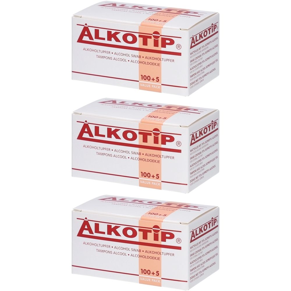 Trois boîtes Alkotip. Inscription: Tampons alcool. Contient 100+5 pièces.