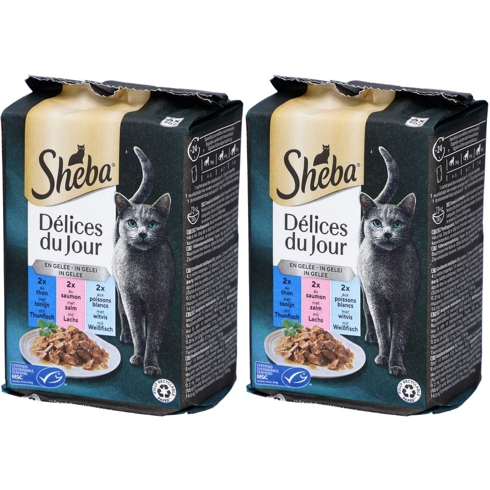 Twee Sheba Délices du Jour kattenvoerzakjes. Bedrukt met kat, productnaam en informatie over de smaken.