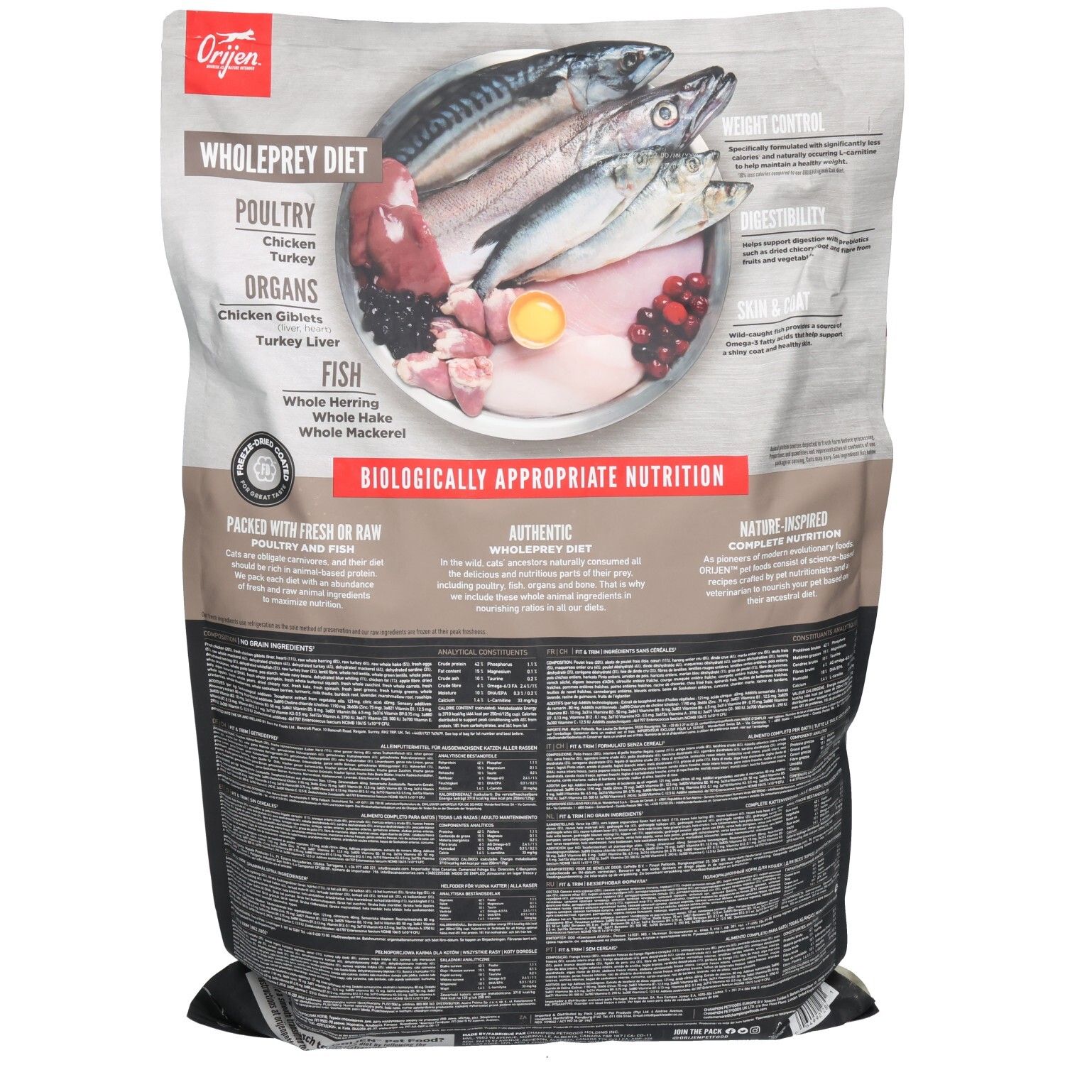 Verpakking van ORIJEN WHOLEPREY FIT&TRIM CAT. Afbeelding van vlees en vis. Tekst: WHOLEPREY DIET, BIOLOGICALLY APPROPRIATE NUTRITION.