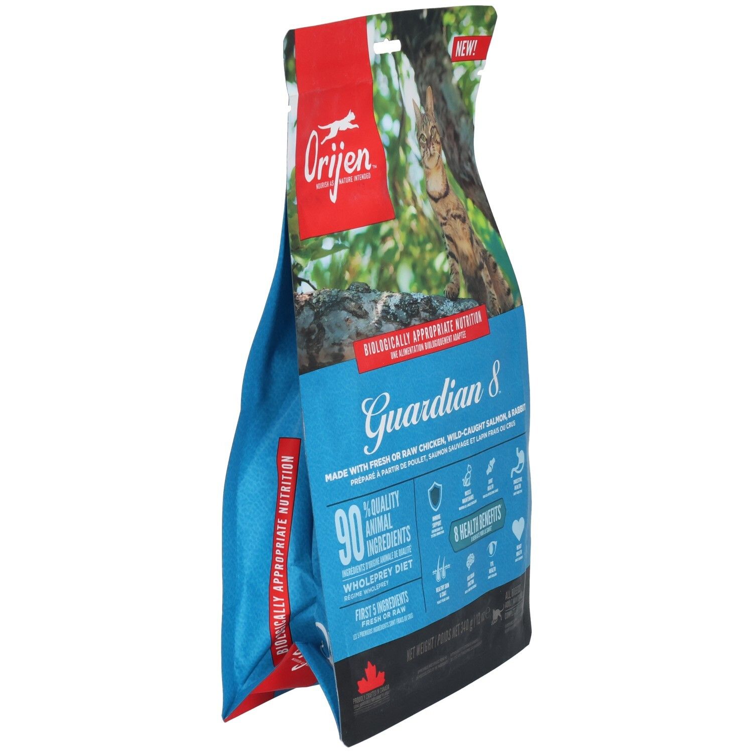 Voorkant van een "Orijen Guardian 8" kattenvoer zak met kat en productkenmerken.