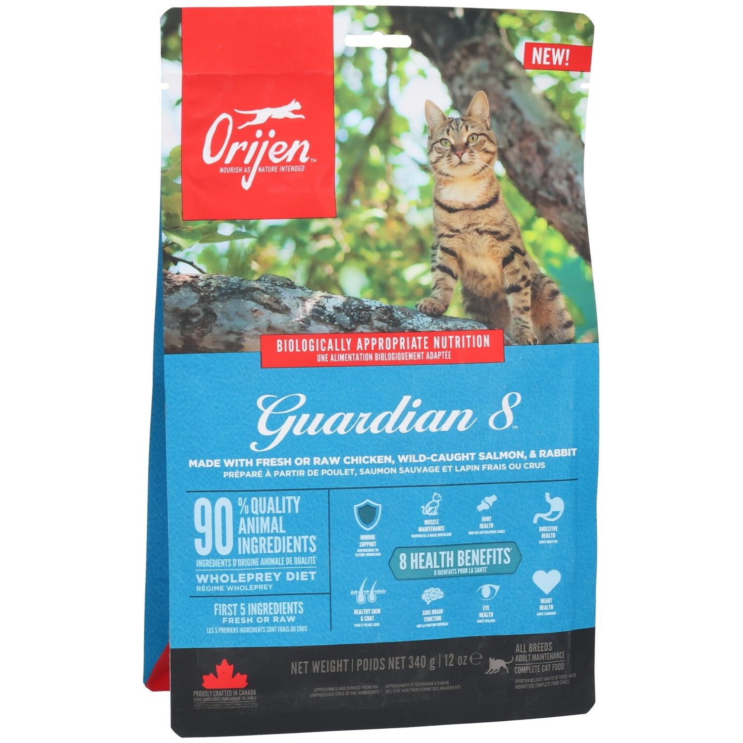 Voorkant van een "Orijen Guardian 8" kattenvoer zak met kat en productkenmerken.