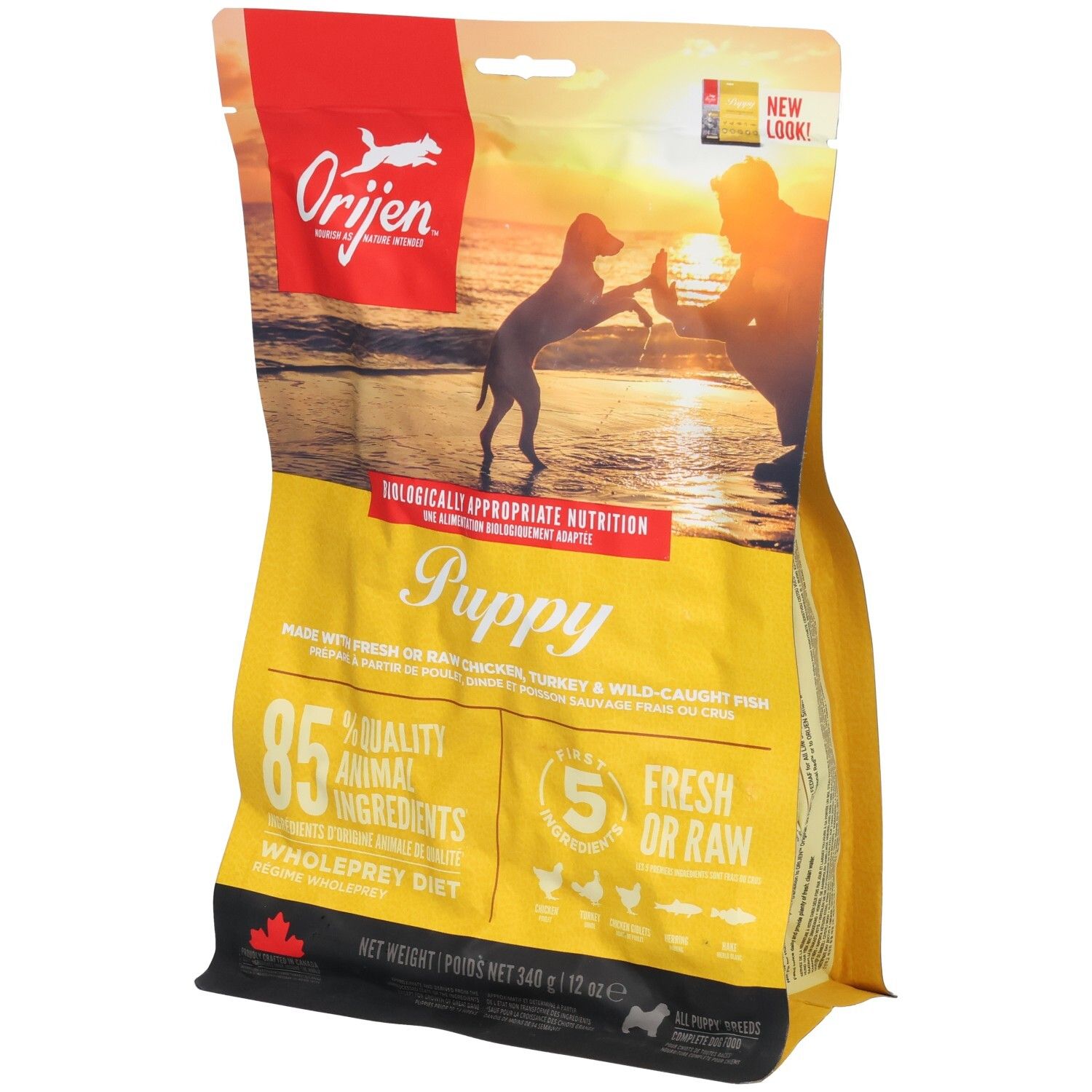 Sac jaune ORIJEN pour chiots. Illustration de chiot et humain. Texte: Puppy, 85% ingrédients animaux, 5 ingrédients frais/crus. Poids net: 340g.