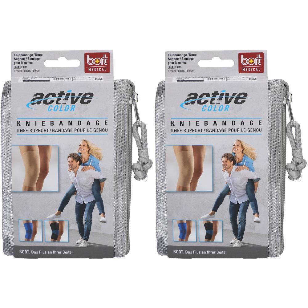 Twee ActiveColor kniebandages in doos met productafbeeldingen en fabrikantenlogo.