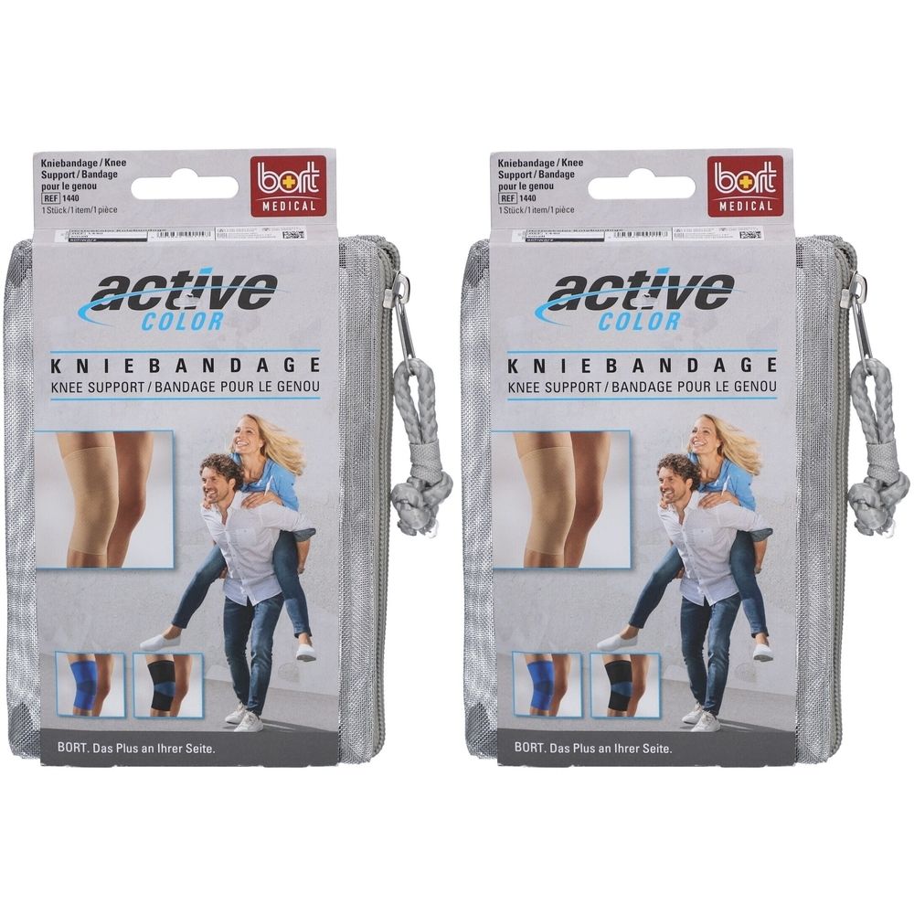 Twee ActiveColor kniebandages in doos met productafbeeldingen en fabrikantenlogo.