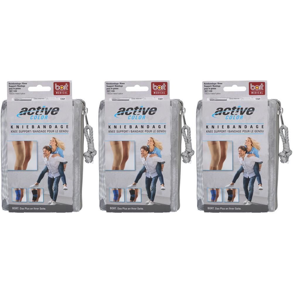Drie verpakkingen ActiveColor kniebandages met productafbeeldingen en kleuropties.