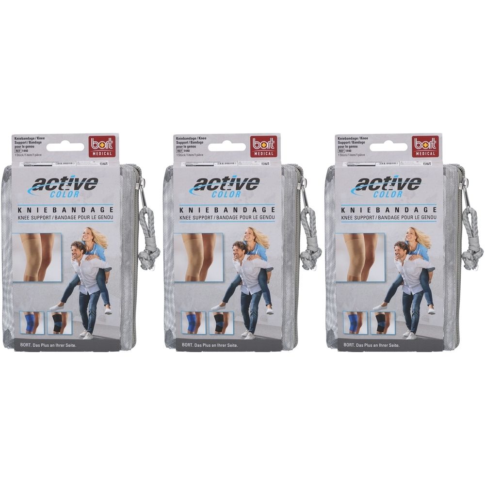 Drie verpakkingen ActiveColor kniebandages met productafbeeldingen en kleuropties.