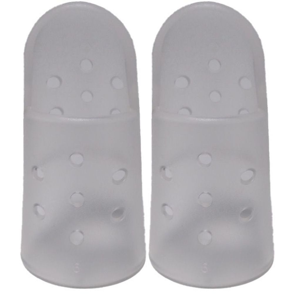 Deux protections transparentes pour doigts en plastique avec trous d'aération.