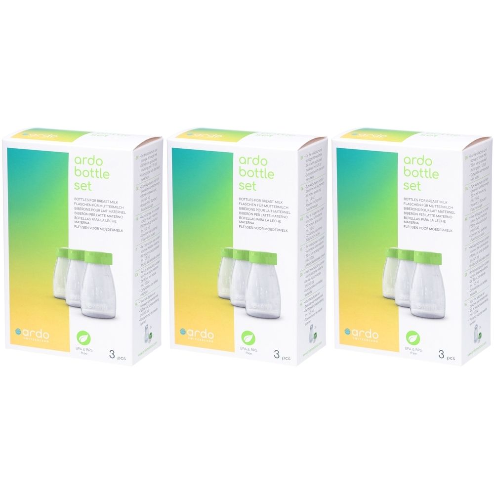 Drie productverpakkingen. Elke doos toont flessen met groene deksels. Opdruk: ardo bottle set. 3 stuks.
