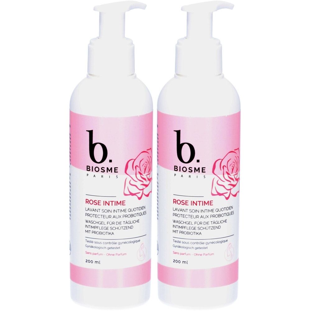 Twee witte flessen met roze etiketten. Op de etiketten staat "b. BIOSME PARIS ROSE INTIME". De flessen hebben een dispenser.