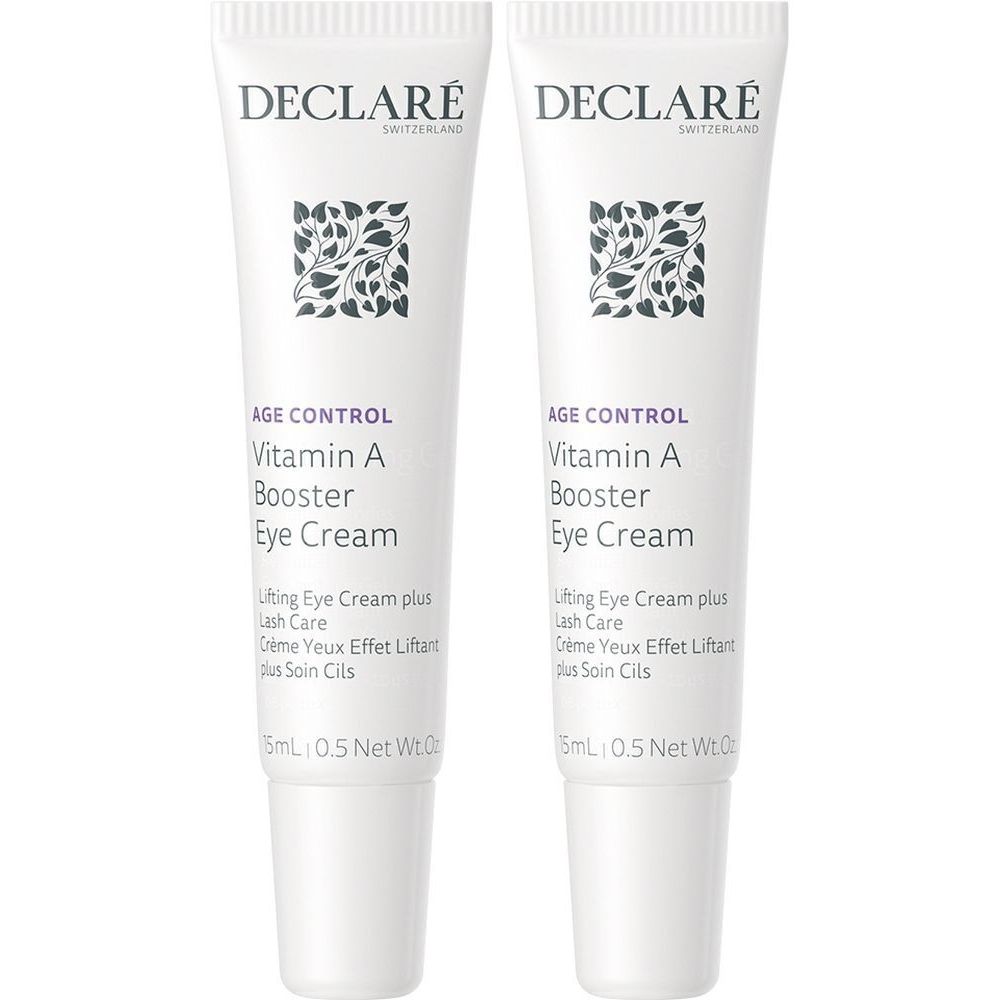 Twee tubes DECLARÉ Vitamin A Booster Eye Cream. Witte tubes met tekst en bloemmotief. Productnaam en tekst zichtbaar.