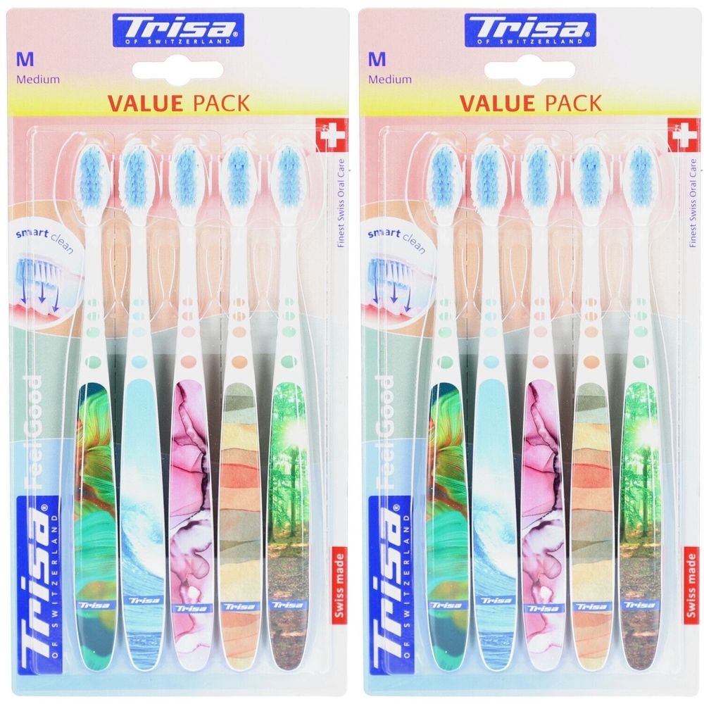 Tandborstelverpakking. Bevat 5 tandborstels met blauwe borstelharen en gekleurde handvatten. Merk: Trisa. Opschrift: Value Pack, Swiss made.
