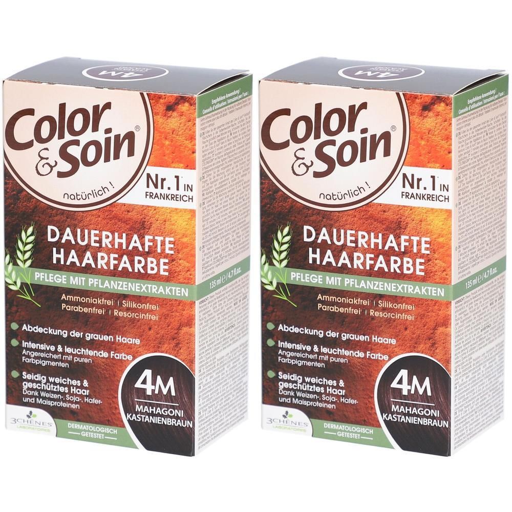 Deux boîtes de Color & Soin® coloration capillaire. Inscription: Coloration permanente 4M acajou châtain. Avec extraits végétaux.