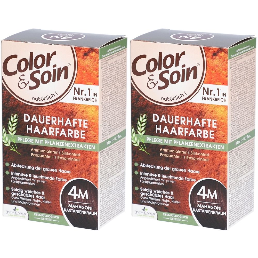 Twee dozen Color & Soin® haarkleuring. Opschrift: Permanente haarkleuring 4M mahonie kastanjebruin. Met plantenextracten.