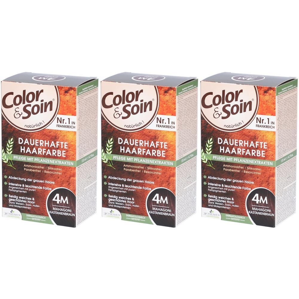 Drie dozen Color & Soin® haarkleur 4M mahonie kastanjebruin. Voorkant met productnaam, kleur en plantenextracten.