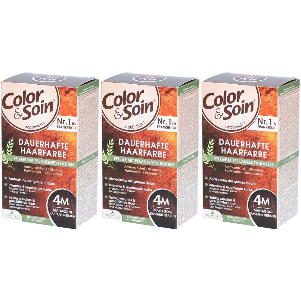 Drie verpakkingen Color & Soin® haarkleurmiddel. Opschrift: 4M mahonie kastanjebruin. Met plantenextracten.
