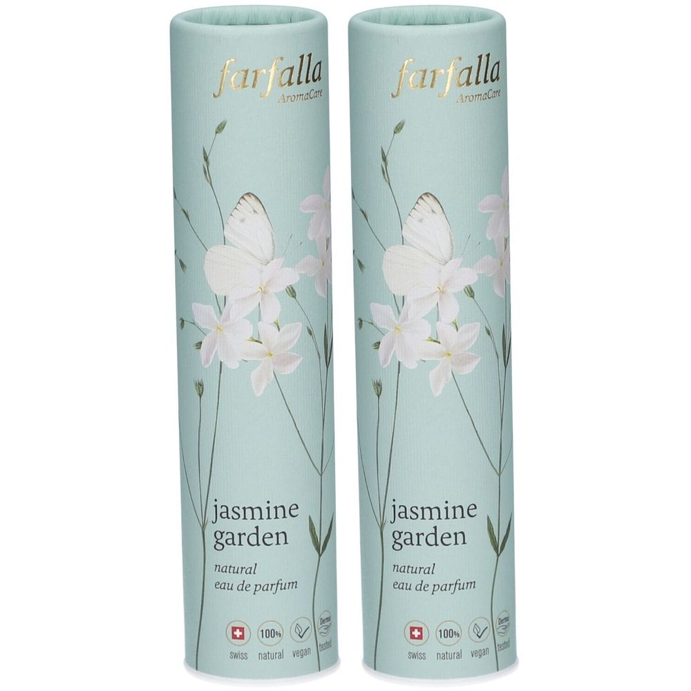 Deux emballages cylindriques avec motif floral. Inscription : Farfalla, Jasmine Garden, Eau de Parfum. Avec croix suisse.