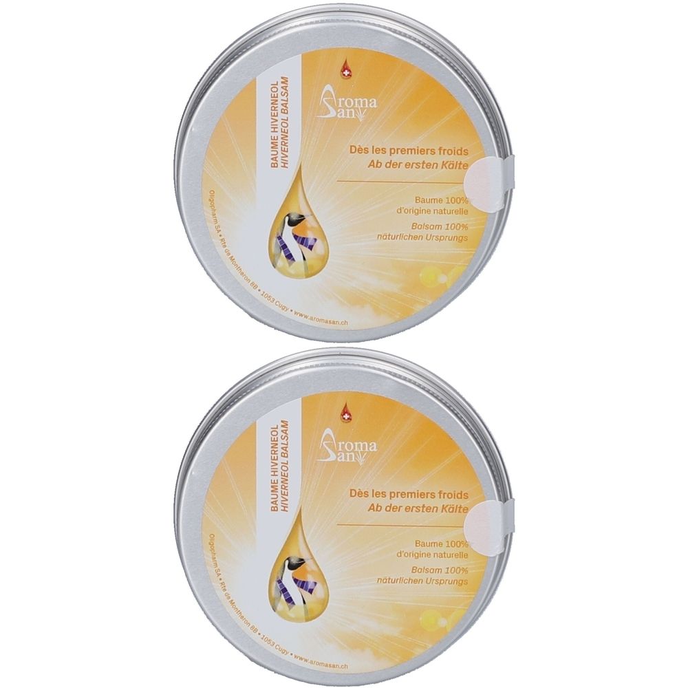 Deux boîtes rondes en métal. Inscription: Aroma Sun, Baume Hivernéol Balsam. Texte en français et en allemand. Autocollant.