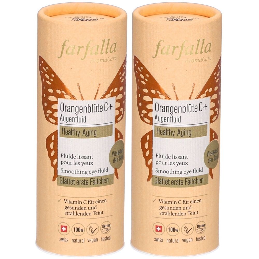 Deux tubes cylindriques avec impression du produit. Inscription : Farfalla Orangenblüte C+ Augenfluid. Contient de la vitamine C. Végétalien et testé dermatologiquement.