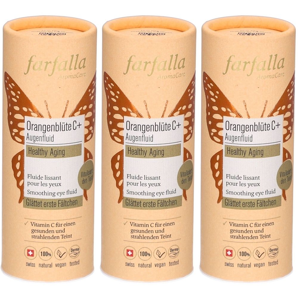 Trois emballages cylindriques avec informations produit. Inscription: Farfalla Orangenblüte C+ Augenfluid. Contient de la vitamine C. Swiss, natural, vegan.