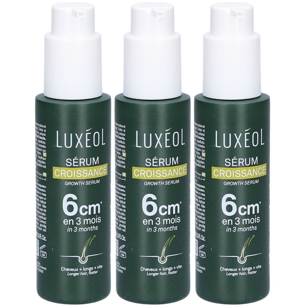 Drie flacons LUXÉOL serum. Groene flacons met witte pomp. Opschrift: Sérum Croissance, 6cm en 3 mois.