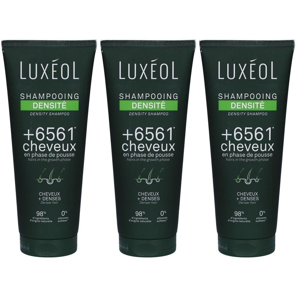 Drie tubes Luxéol shampoo. Donkergroene verpakking met witte tekst. Productnaam en details duidelijk zichtbaar.