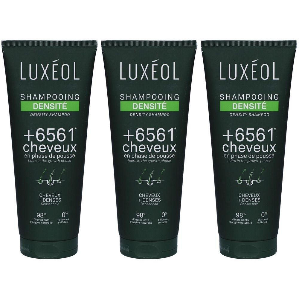 Drie tubes Luxéol shampoo. Donkergroene verpakking met witte tekst. Productnaam en details duidelijk zichtbaar.