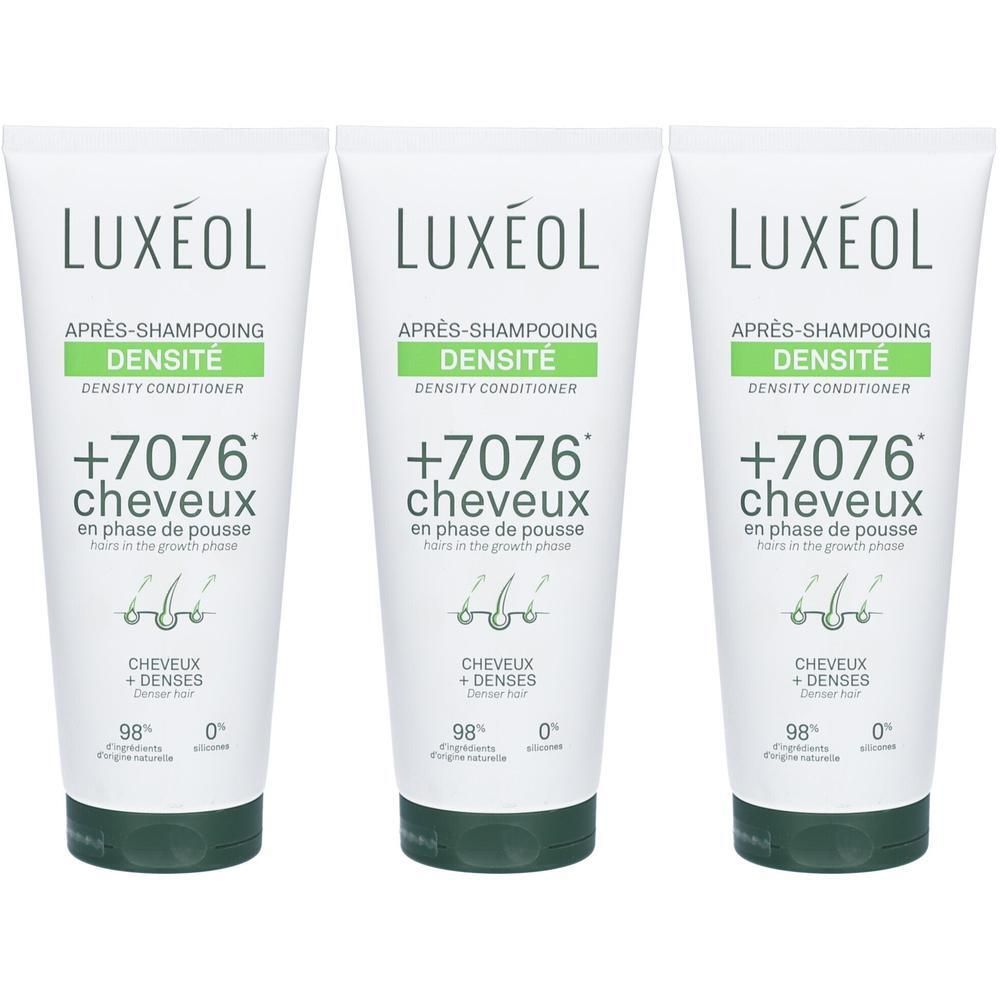 Drie tubes LUXÉOL Conditioner. Wit, groene accenten. Tekst: Après-Shampooing Densité, +7076 Cheveux, Denser Hair.