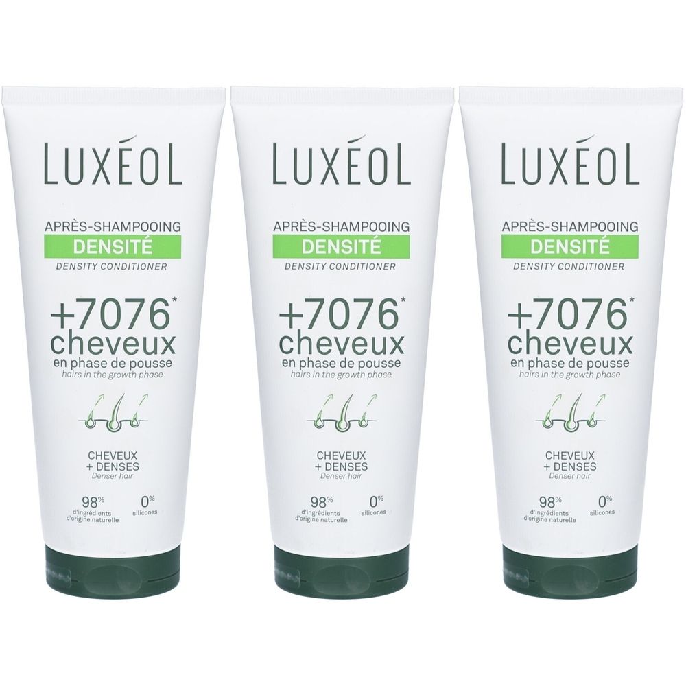 Drie tubes LUXÉOL Conditioner. Wit, groene accenten. Tekst: Après-Shampooing Densité, +7076 Cheveux, Denser Hair.