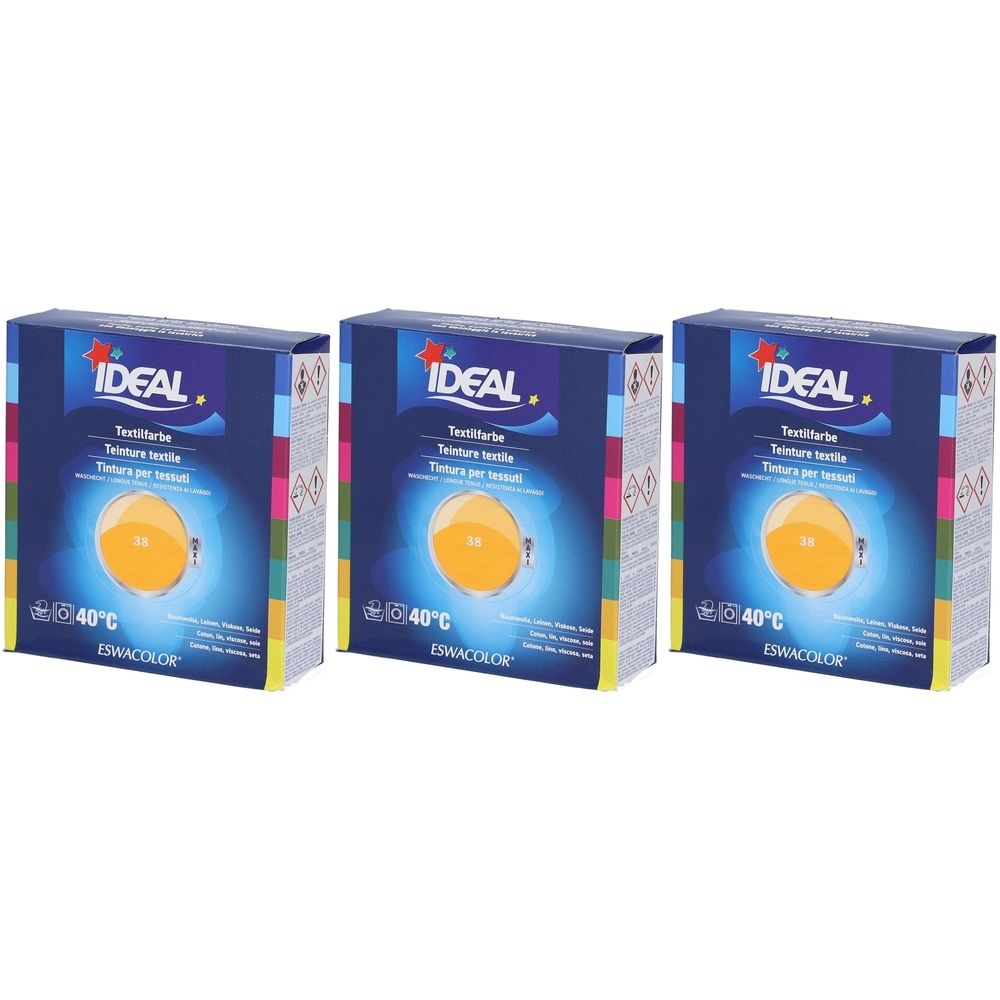 Drie dozen IDEAL textielverf. Blauwe verpakking met gele cirkel. Opschrift: Textilfarbe, 40°C.