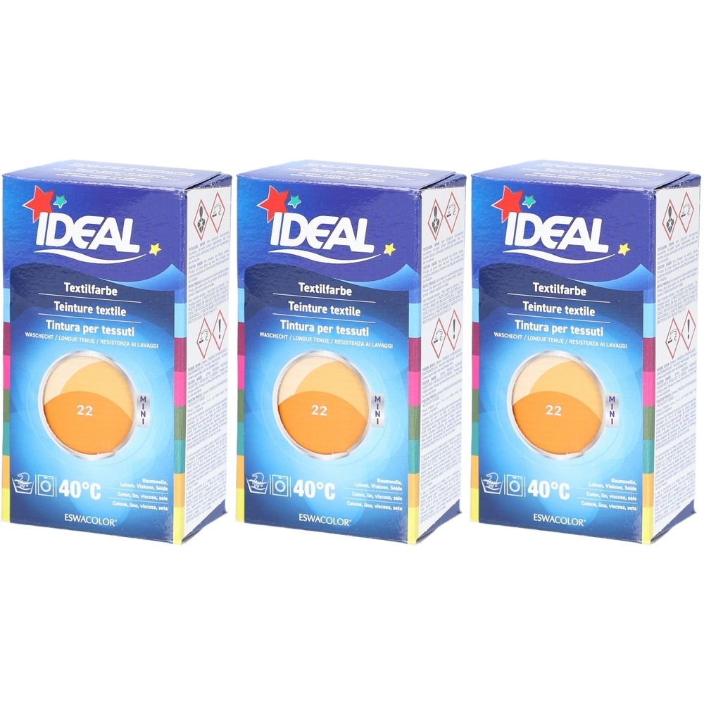 Drie dozen textielverf. Blauwe verpakking met IDEAL logo, tekst en kleurencirkel. Opdruk 22 en 40°C.