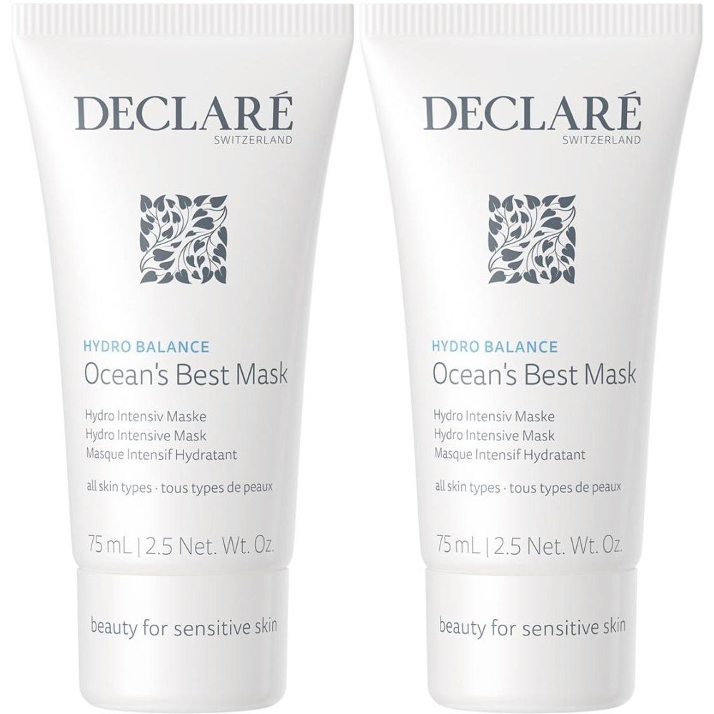 Twee witte tubes met "Ocean's Best Mask". Opschrift: DECLARÉ SWITZERLAND, Hydro Balance, 75 ml, voor de gevoelige huid.