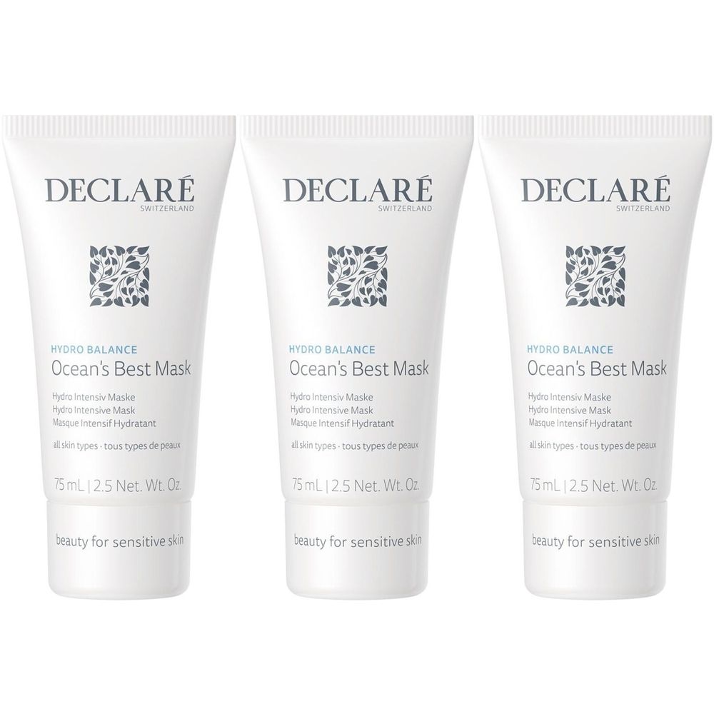 Drie tubes Declare Ocean's Best Mask. Witte tubes met blauwe tekst en logo. Tekst: Hydro Balance, Masker, 75ml.