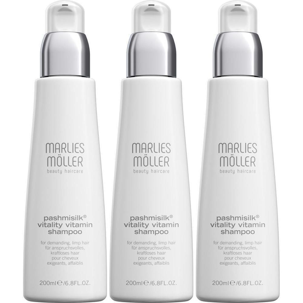 Drie witte flessen Marlies Möller shampoo. Opschrift: Pashmisilk Vitality Vitamin Shampoo. 200ml/6.8FL.OZ.