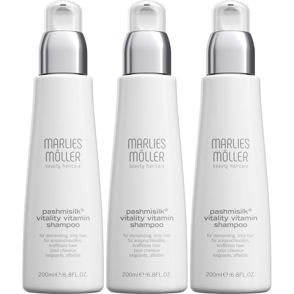 Trois flacons blancs de shampooing Marlies Möller. Inscription: Pashmisilk Vitality Vitamin Shampoo. 200ml/6.8FL.OZ.