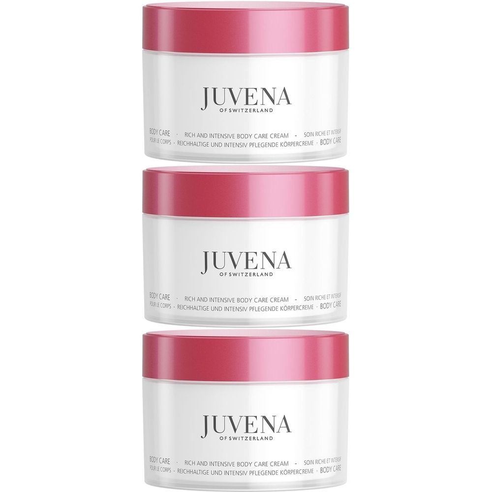 Drie crèmepotten met roze deksels. Opschrift: JUVENA OF SWITZERLAND. Tekst: RICH AND INTENSIVE BODY CARE CREAM.
